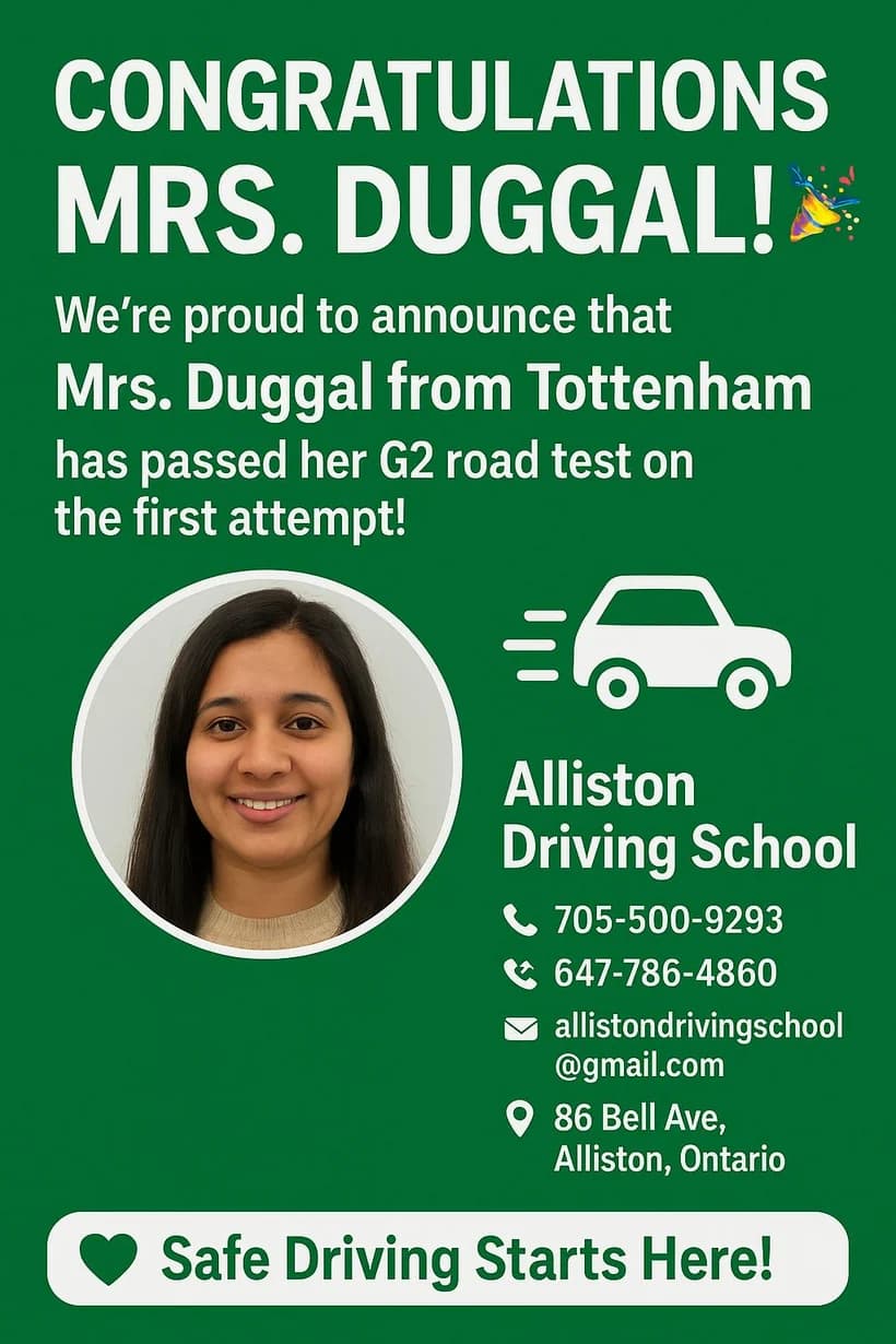 Alliston Driving School congratulating a student after passing her G2 road test.